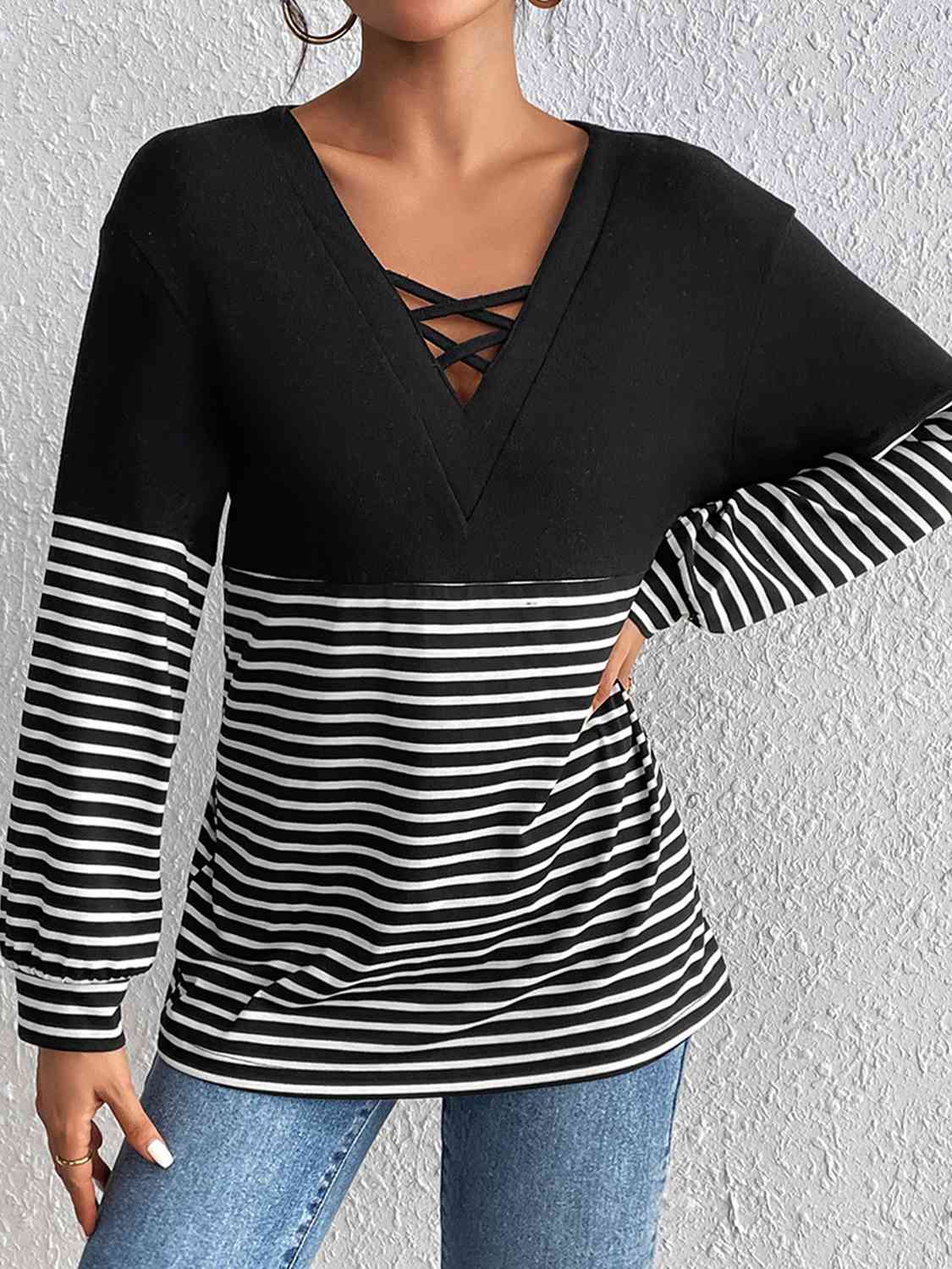 Striped Crisscross V-Neck Long Sleeve T-Shirt