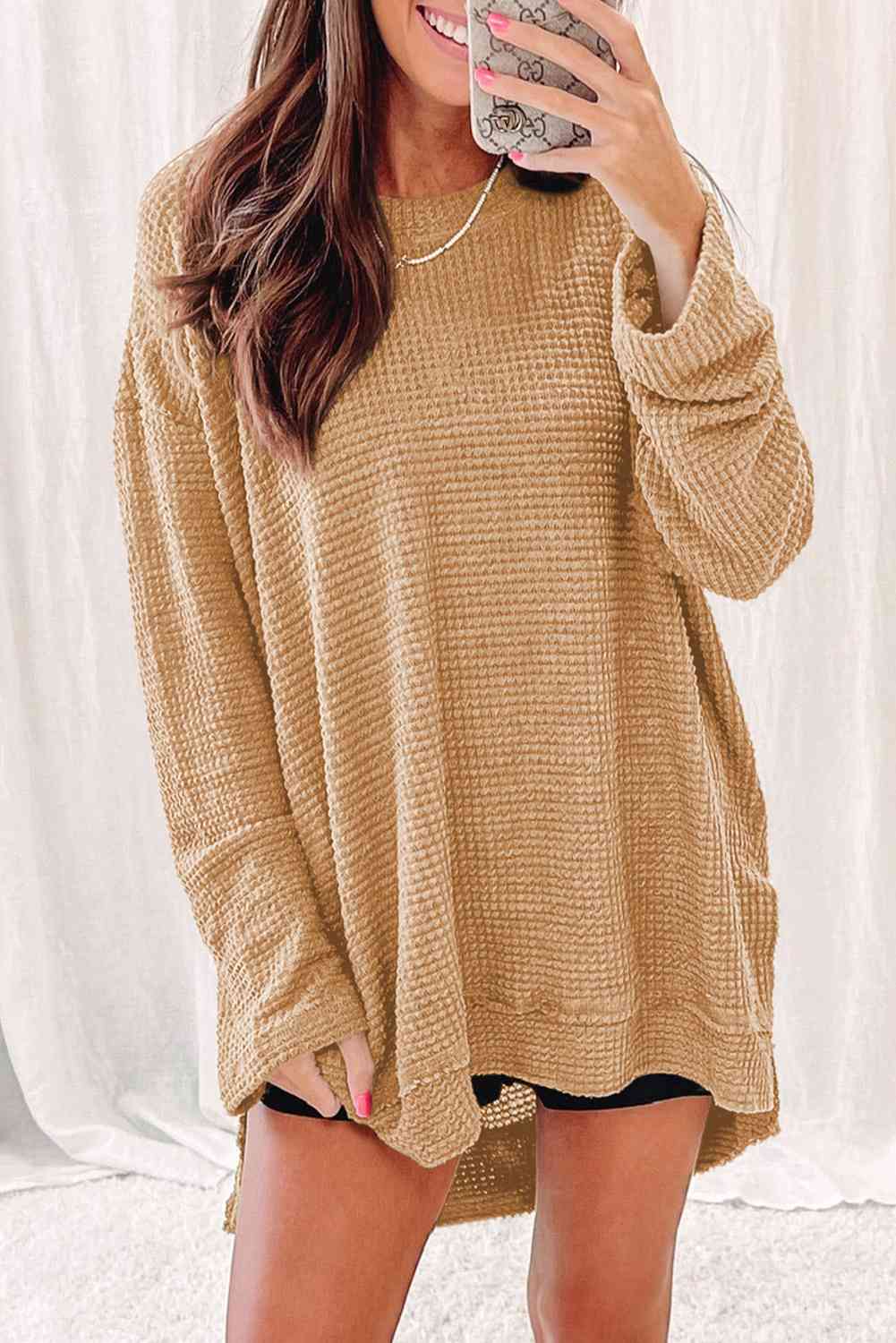 Waffle-Knit Round Neck Long Sleeve Sweatshirt - Create the impossible