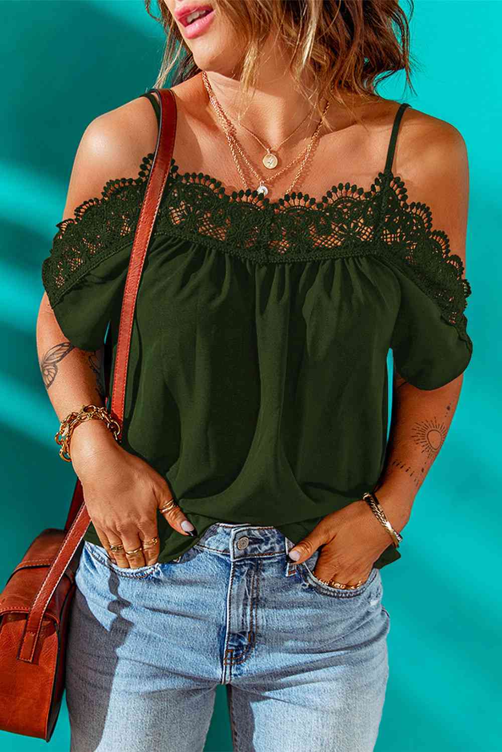 Spaghetti Strap Cold-Shoulder Lace Trim Blouse - Create the impossible