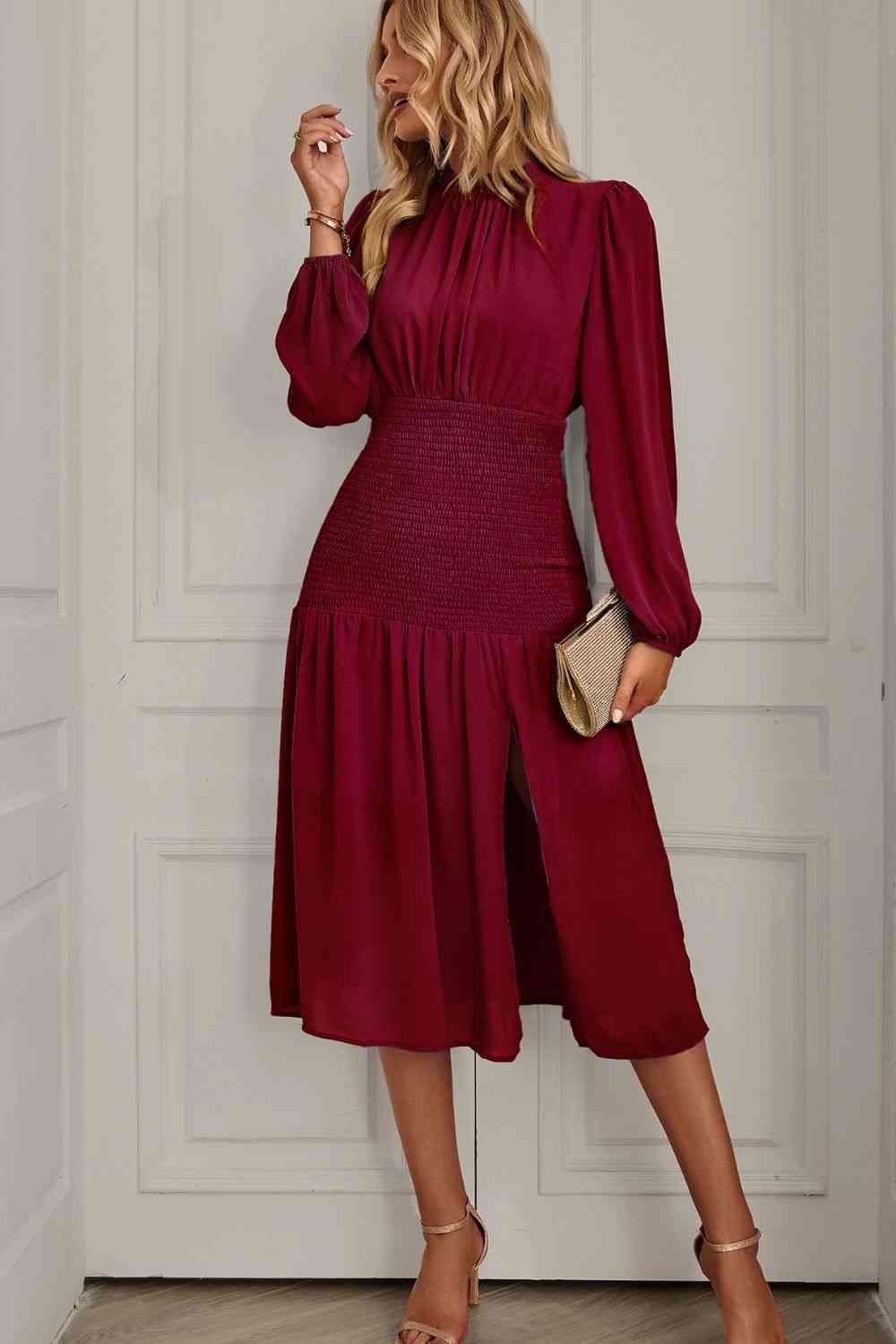 Slit Smocked Mock Neck Puff Sleeve Midi Dress