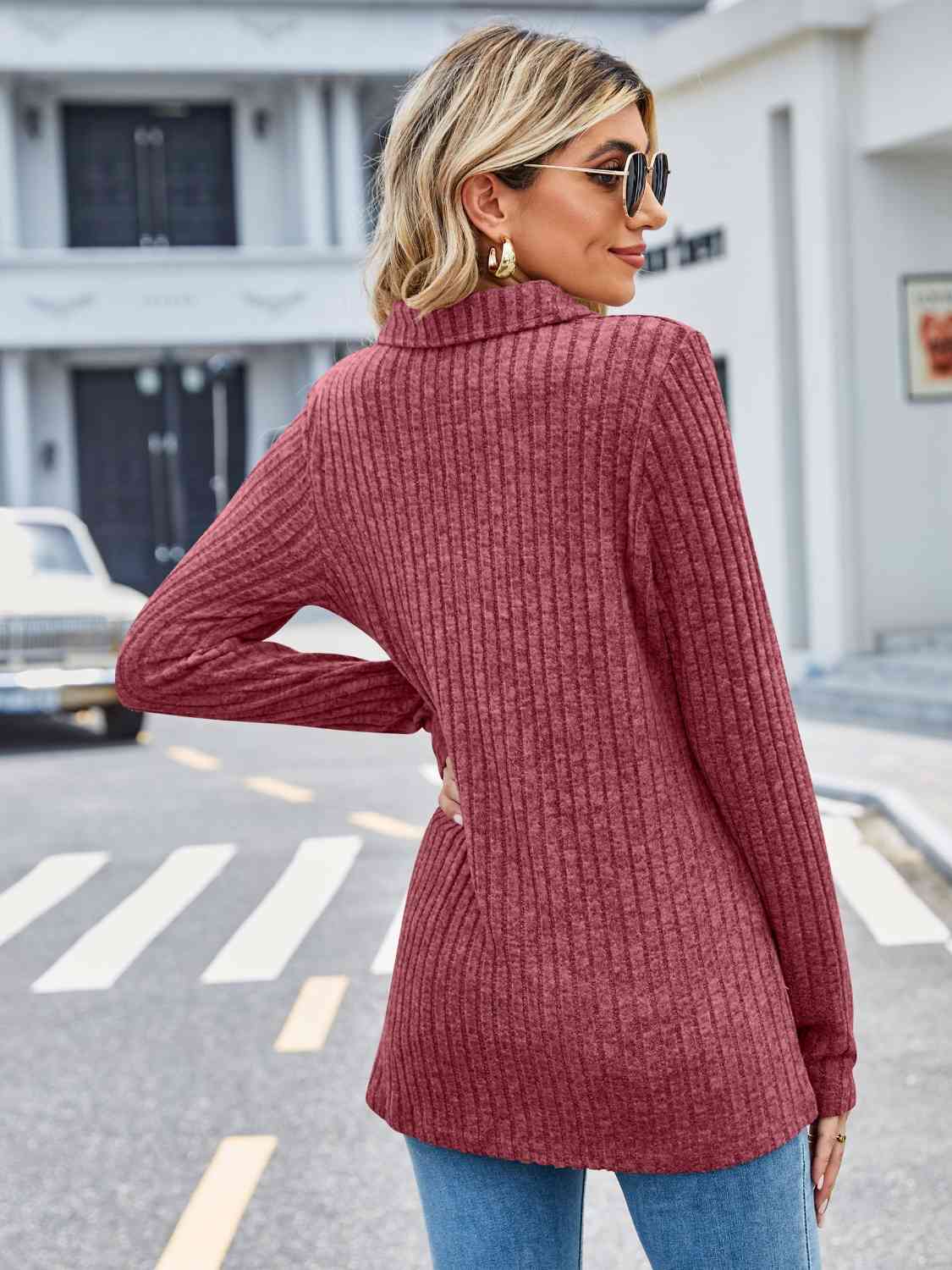 Ribbed Notched Long Sleeve T-Shirt with Pocket