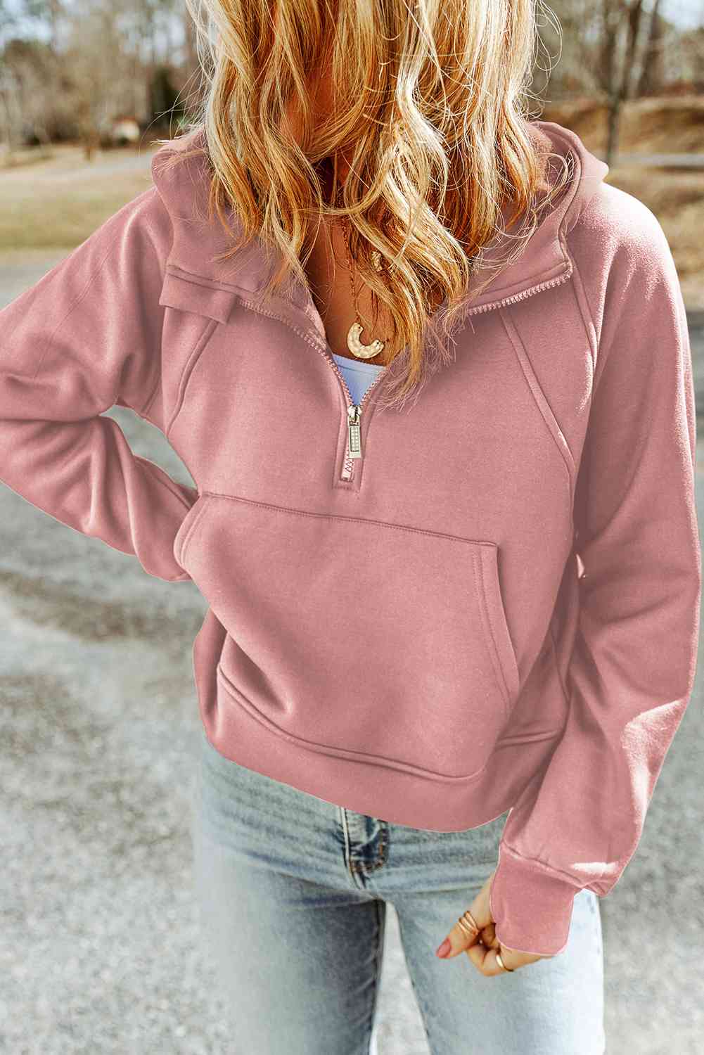 Double Take Half-Zip Thumbhole Sleeve Hoodie - Create the impossible