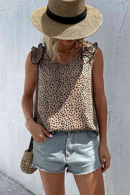 Leopard Frill Trim V-Neck Tank