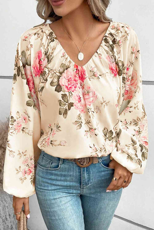 Floral V-Neck Balloon Sleeve Blouse - Create the impossible