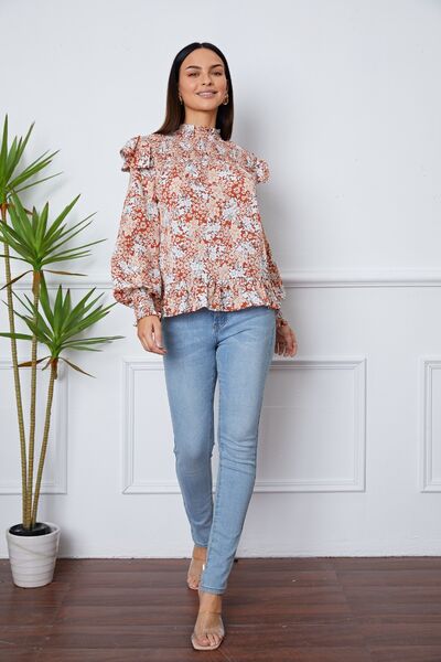 Floral Smocked Lantern Sleeve Ruffled Blouse - Create the impossible