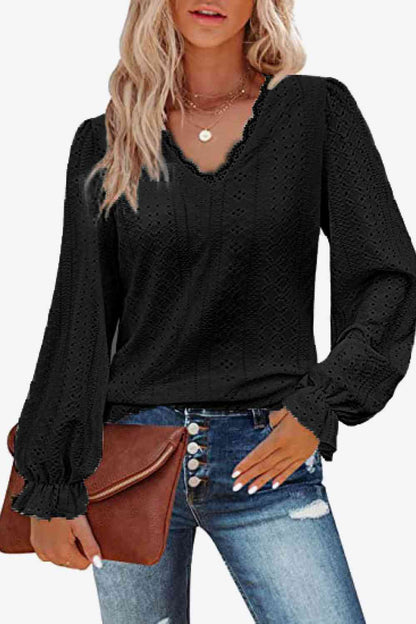 Eyelet V-Neck Flounce Sleeve Blouse - Create the impossible