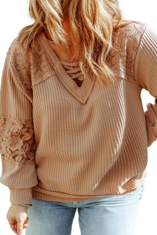 Plus Size Waffle -Knit V-Neck Long Sleeve Blouse - Create the impossible