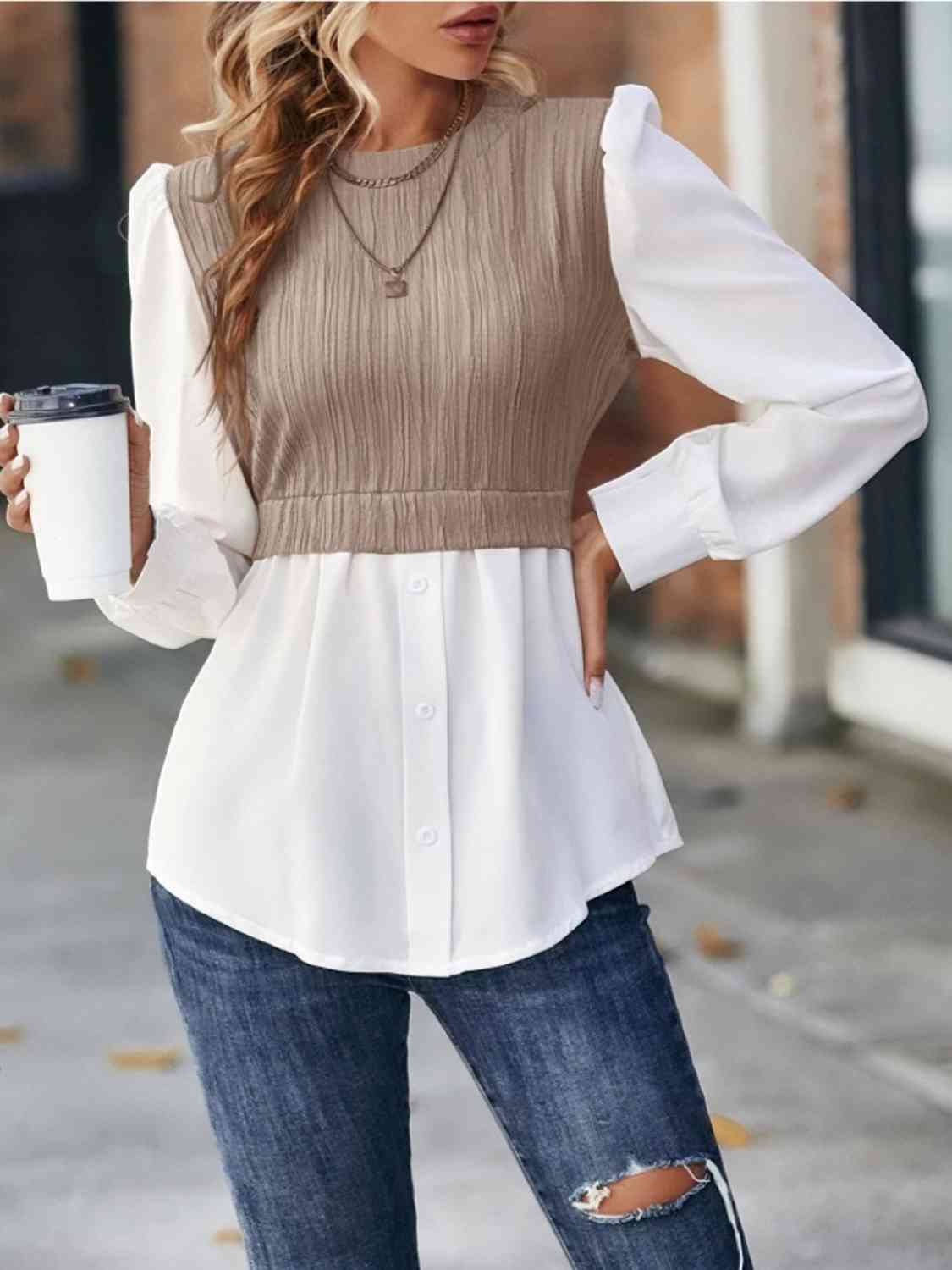 Contrast Round Neck Puff Sleeve Blouse - Create the impossible