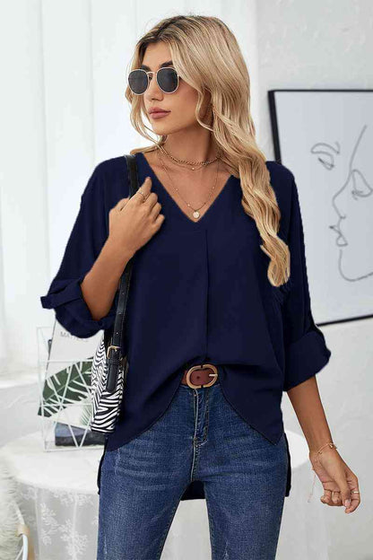 Roll-Tab Sleeve V-Neck Blouse - Create the impossible