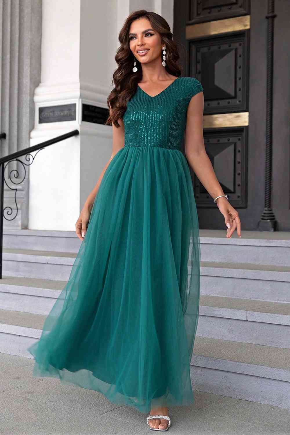 Sequin V-Neck Mesh Maxi Dress