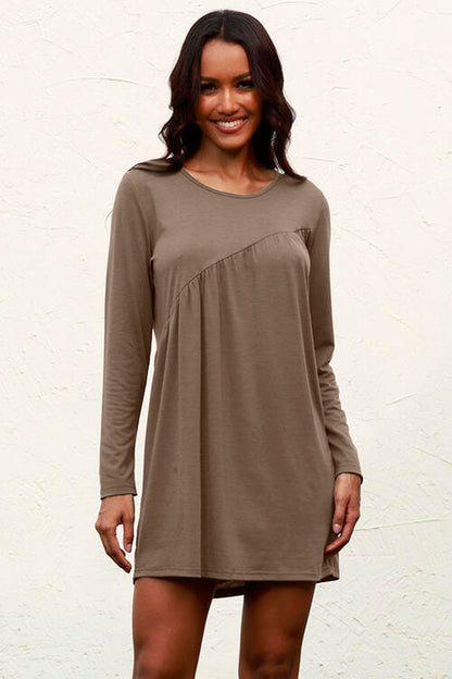 Ruched Round Neck Long Sleeve Dress