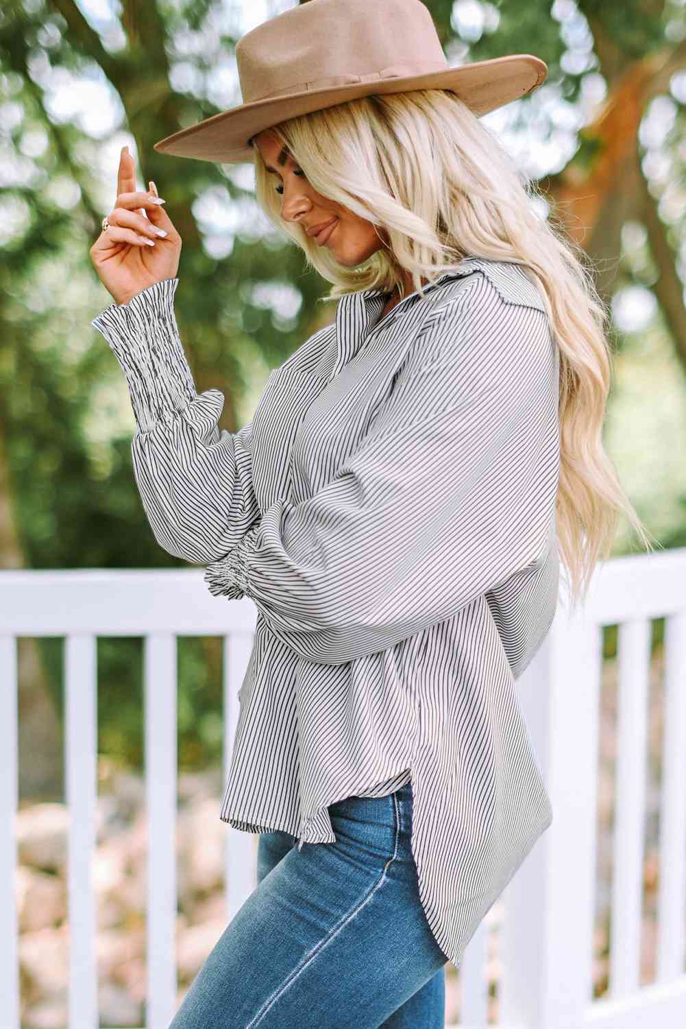 Striped Lantern Sleeve Collared Shirt