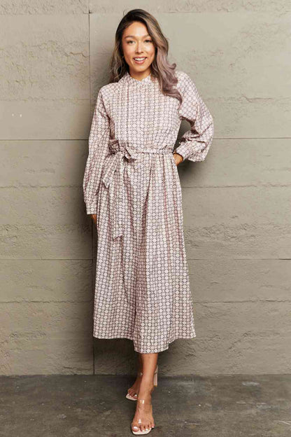 Printed Tie Waist Long Sleeve Dress