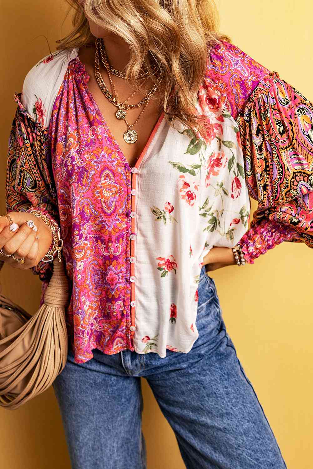 Multicolor Floral Notched Neck Lantern Sleeve Blouse - Create the impossible