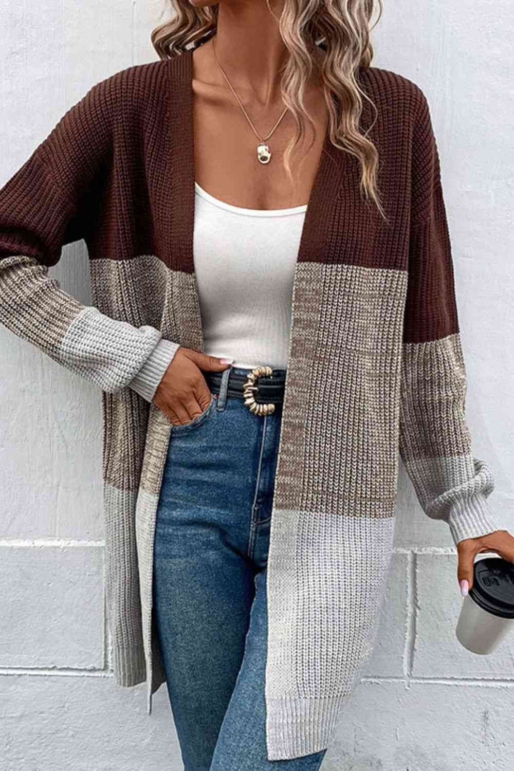 Woven Right Color Block Open Front Rib-Knit Longline Cardigan