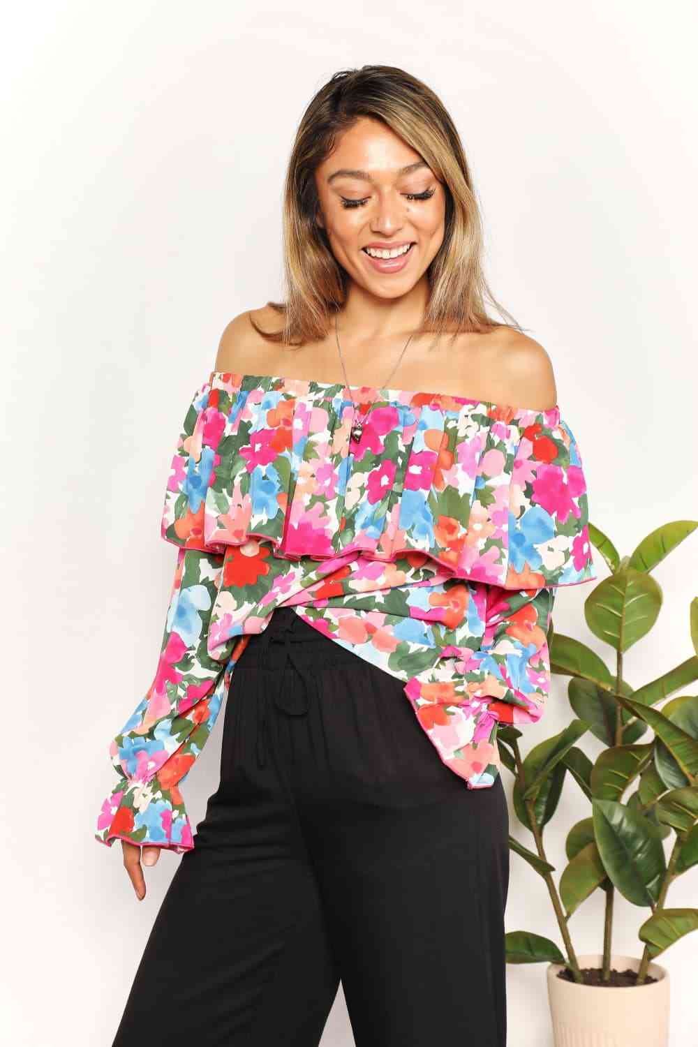 Double Take Floral Off-Shoulder Flounce Sleeve Layered Blouse - Create the impossible