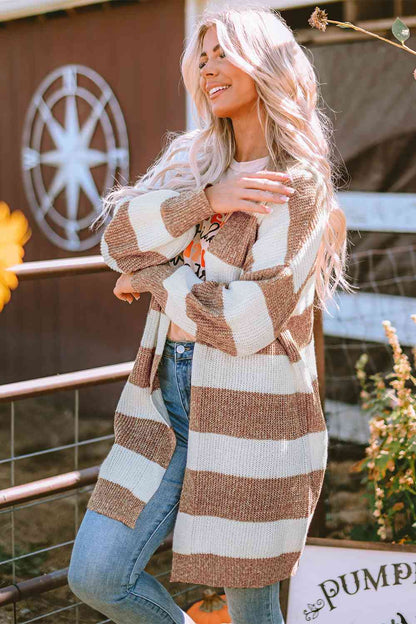 Striped Open Front Long Sleeve Cardigan