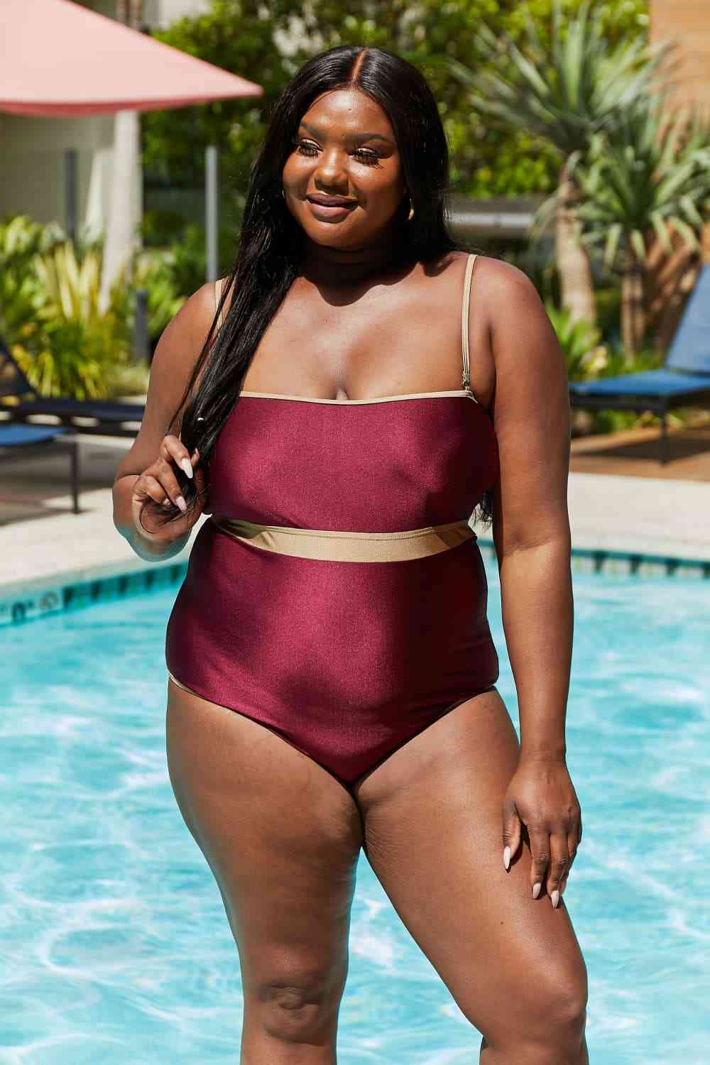 Marina West Swim Wave Break Contrast Trim One-Piece in Wine