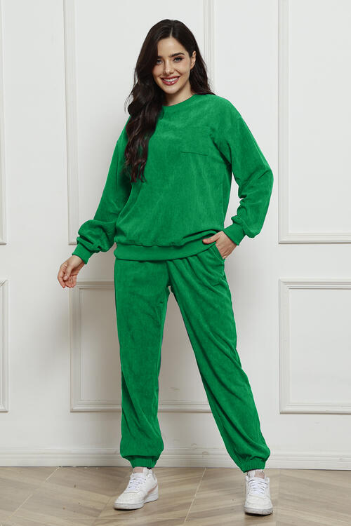 Corduroy Round Neck Sweatshirt and Sweatpants Set - Create the impossible