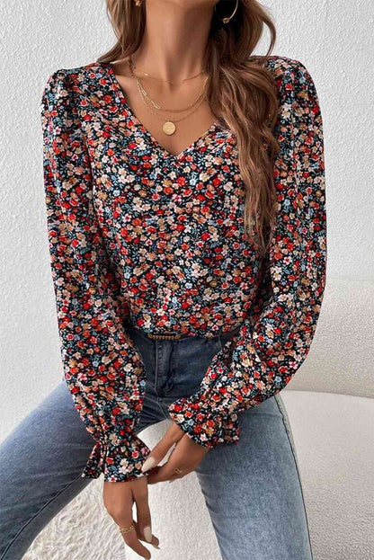 V-Neck Printed Long Sleeve Blouse - Create the impossible