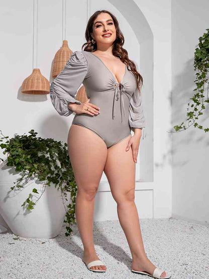 Plus Size Tied Deep V Balloon Sleeve One-Piece Swimsuit