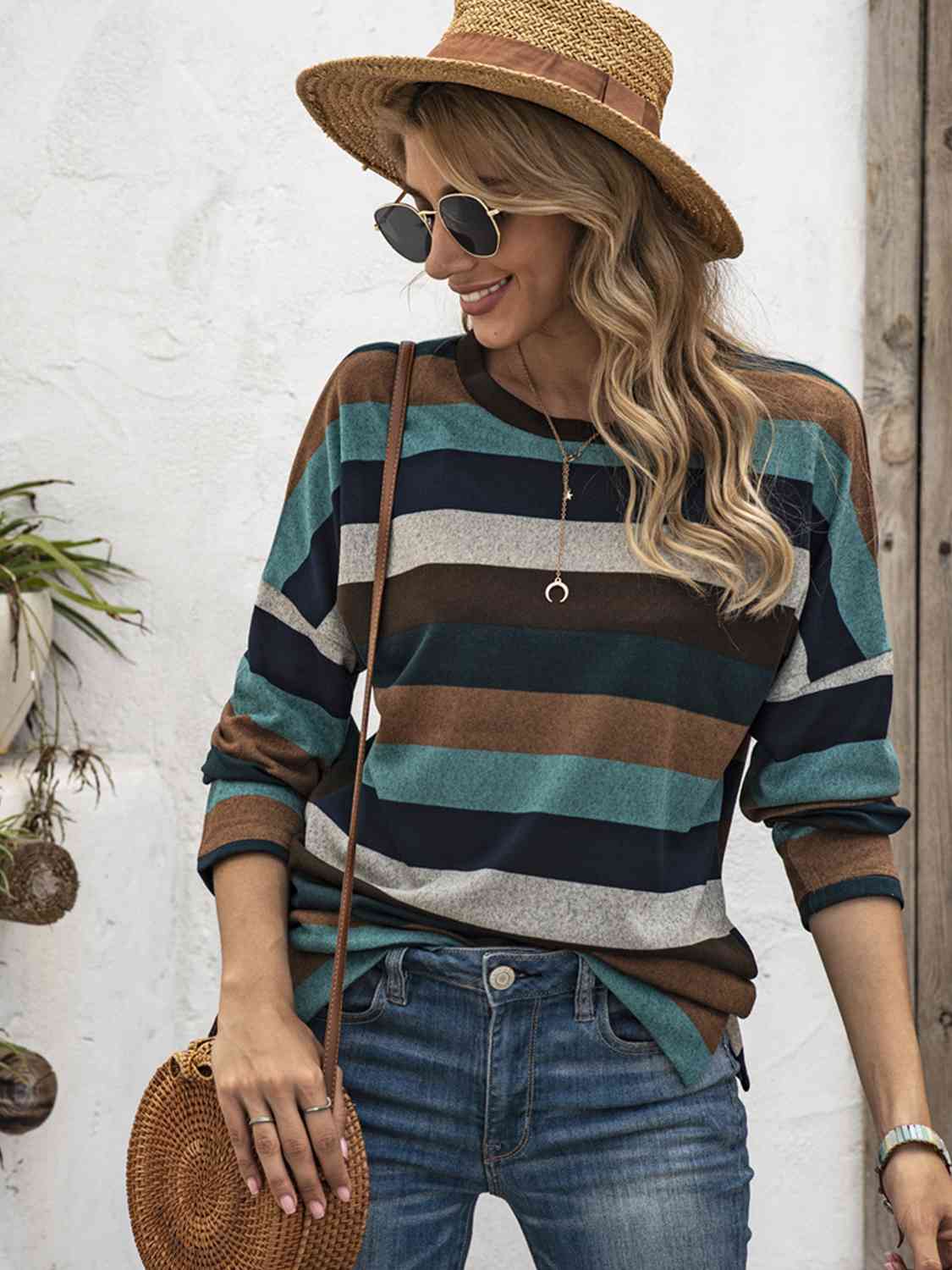 Striped Drop Shoulder Round Neck T-Shirt