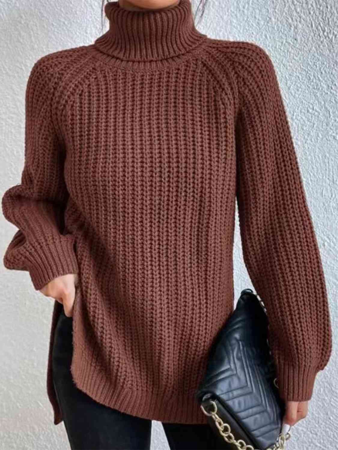 Full Size Turtleneck Rib-Knit Slit Sweater - Create the impossible