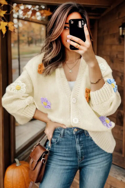 Flower Button Up Long Sleeve Cardigan