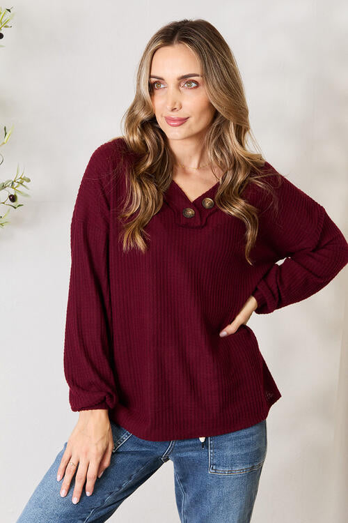 Zenana Buttoned V-Neck Long Sleeve Blouse - Create the impossible