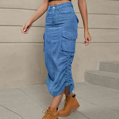 Drawstring Ruched Slit Denim Midi Skirt - Create the impossible