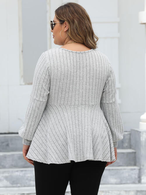 Plus Size Ribbed V-Neck Long Sleeve Blouse - Create the impossible