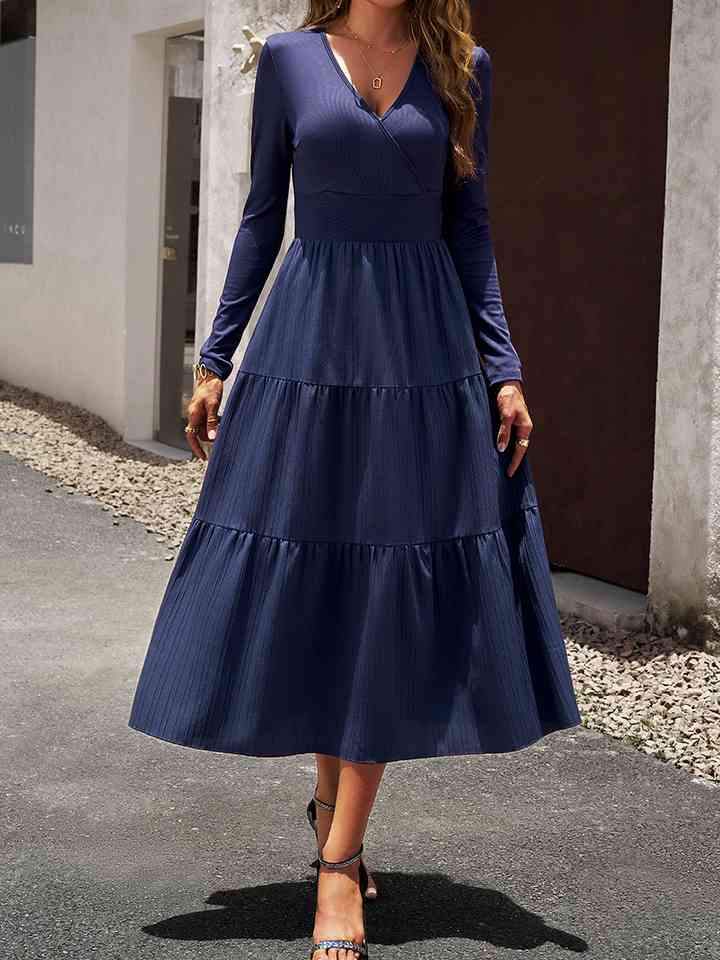 Surplice Neck Long Sleeve Smocked Waist Midi Dress