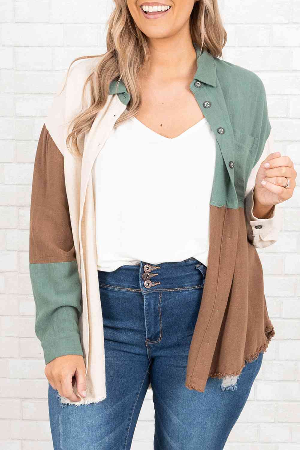 Plus Size Collared Neck Color Block Raw Hem Shirt