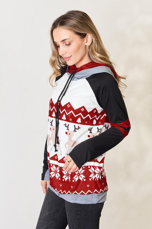 Double Take Full Size Christmas Drawstring Long Sleeve Hoodie - Create the impossible