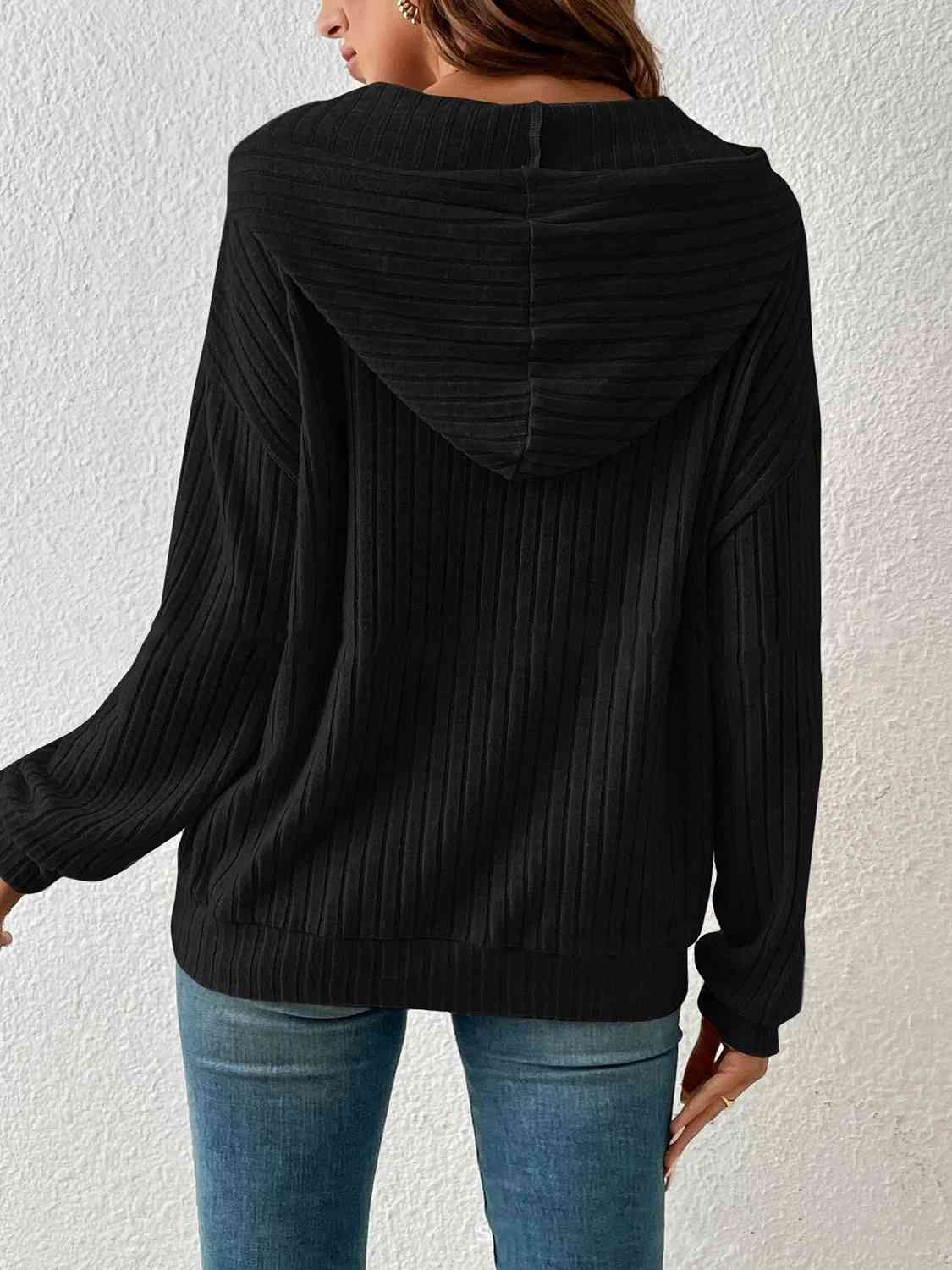 Ribbed Dropped Shoulder Drawstring Hoodie - Create the impossible