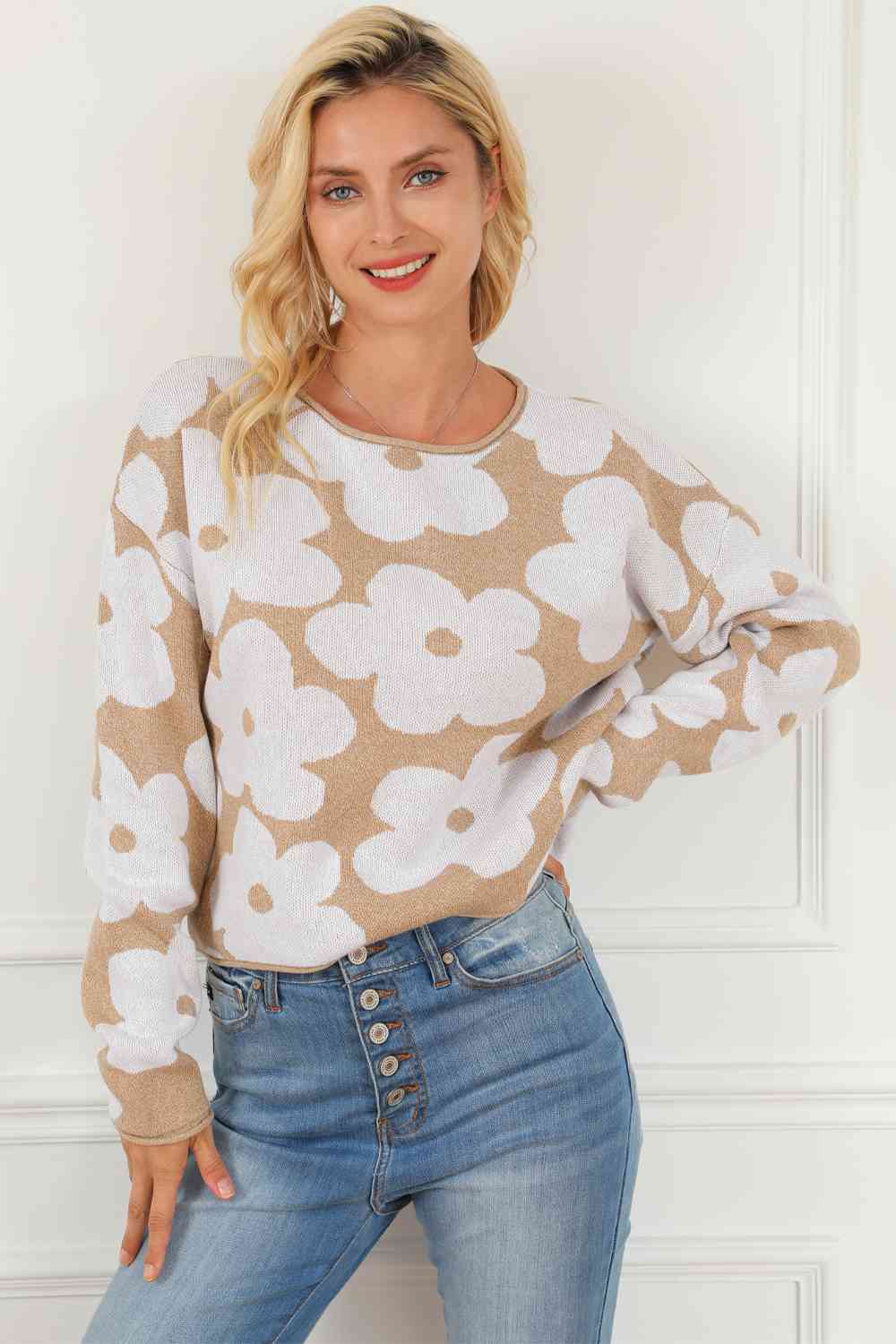 Floral Print Round Neck Drop Shoulder Sweater