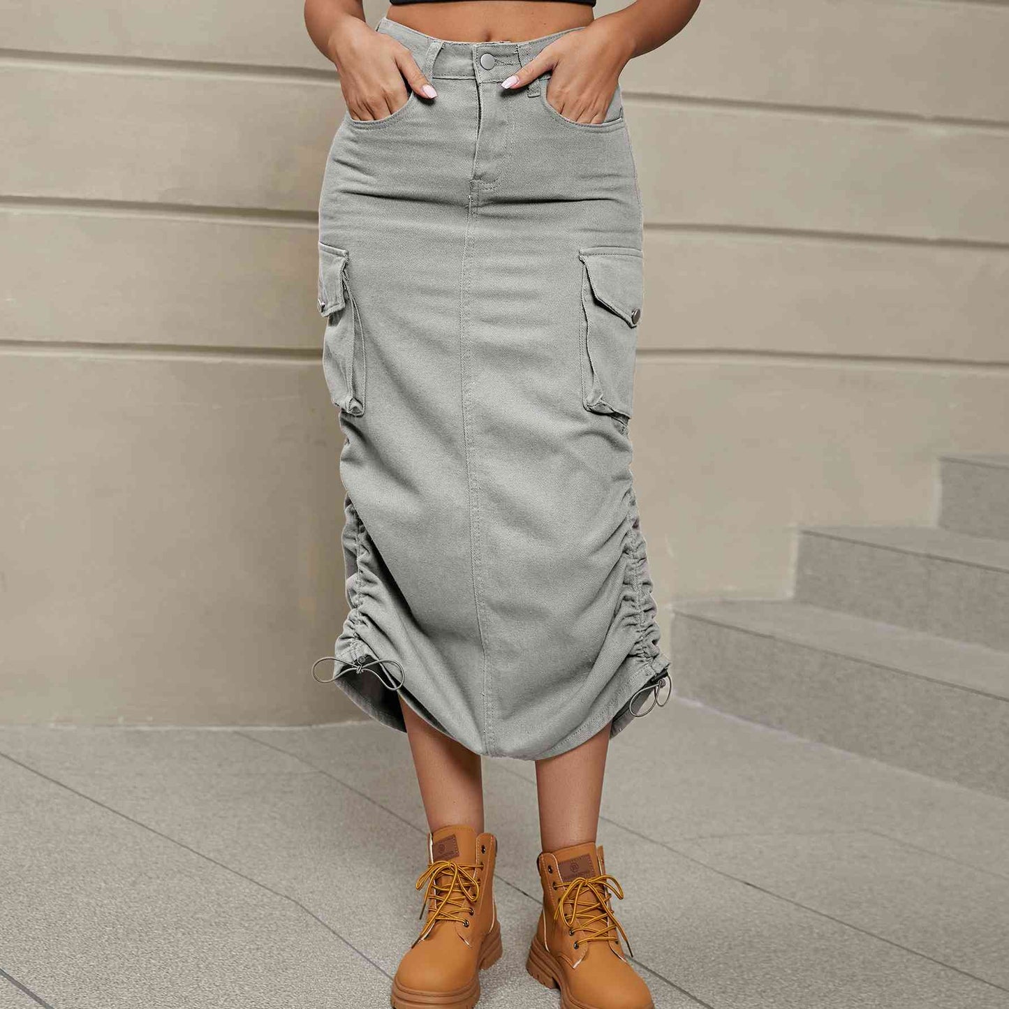 Drawstring Ruched Slit Denim Midi Skirt - Create the impossible