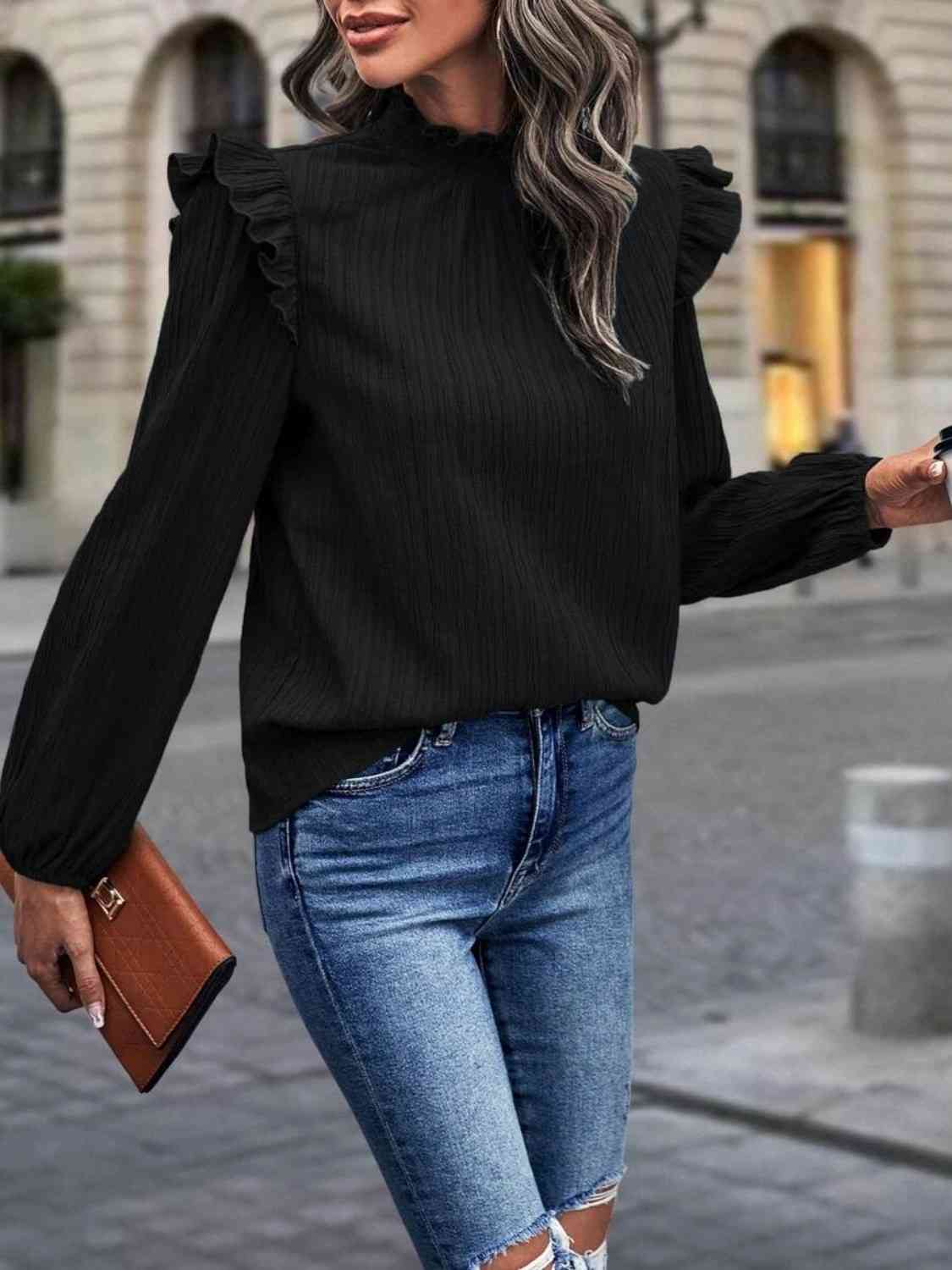 Mock Neck Ruffle Shoulder Blouse - Create the impossible