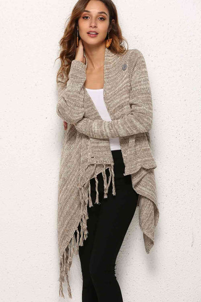 One-Button Tassel Tie Asymmetrical Hem Cardigan