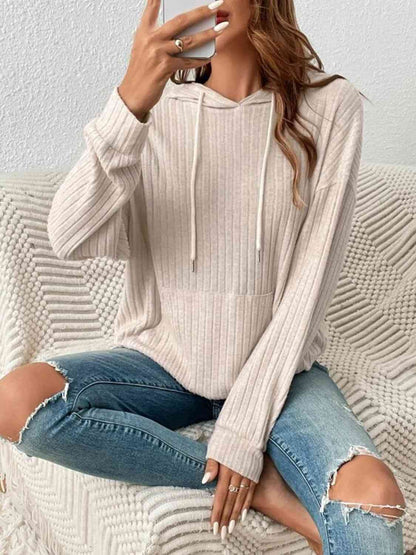 Ribbed Dropped Shoulder Drawstring Hoodie - Create the impossible