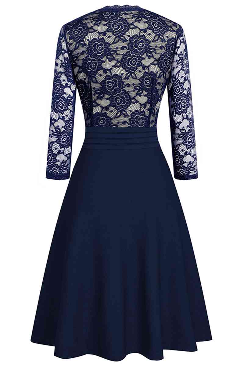 V-Neck Lace Detail Knee-Length Dress