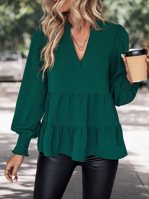 Notched Neck Lantern Sleeve Blouse - Create the impossible