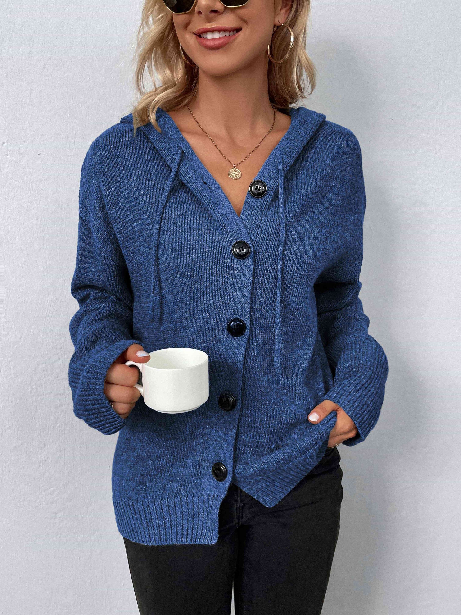 Button-Down Long Sleeve Hooded Sweater - Create the impossible