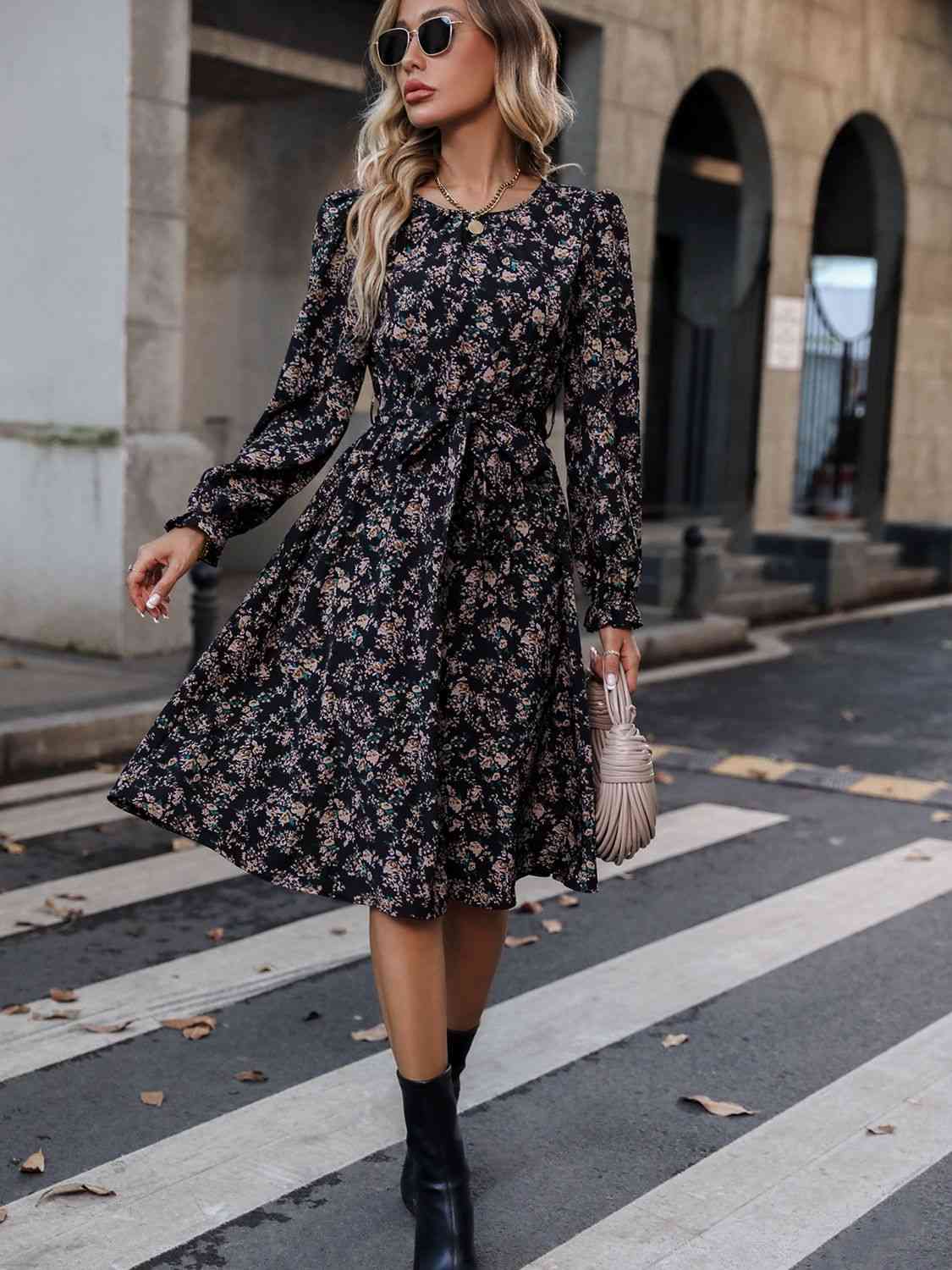 Printed Tie Belt Balloon Sleeve Dress - Create the impossible