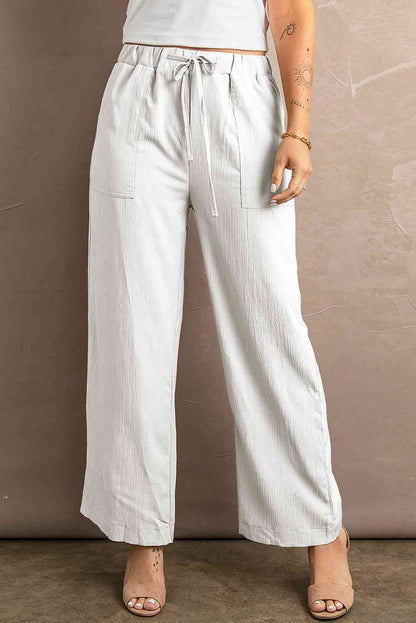 Drawstring Waist Crinkled Wide Leg Pants