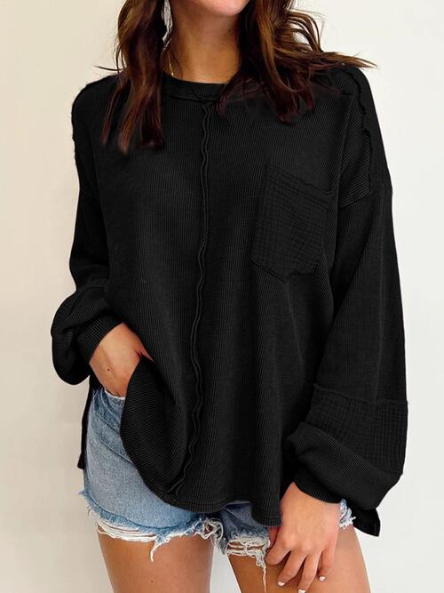 Waffle-Knit Exposed Seam Lantern Sleeve Blouse - Create the impossible