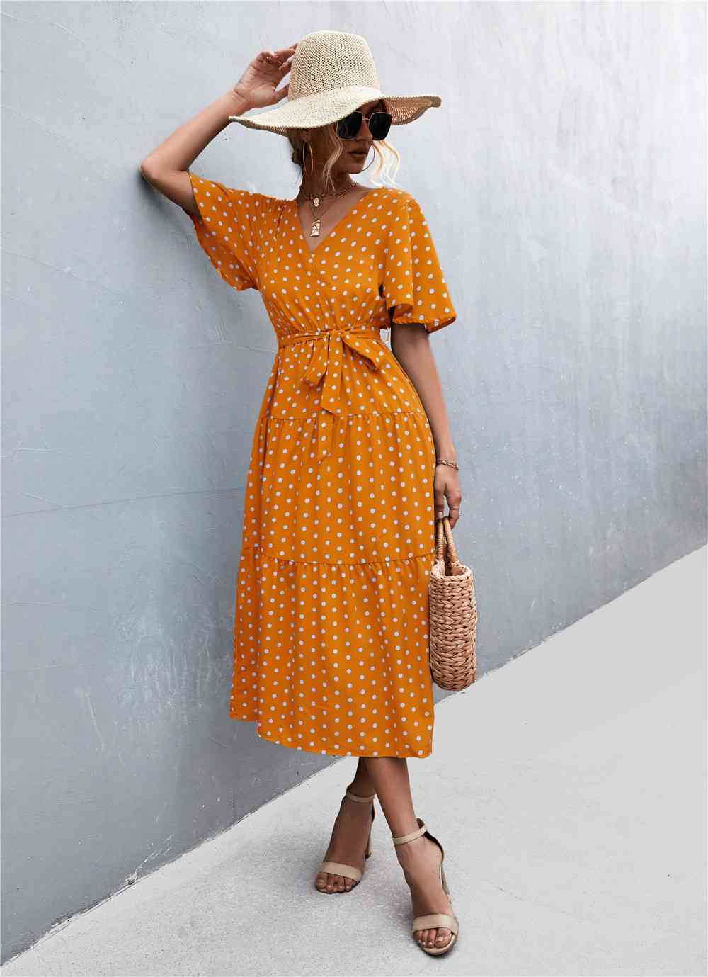 Printed V-Neck Flutter Sleeve Belted Dress - Create the impossible