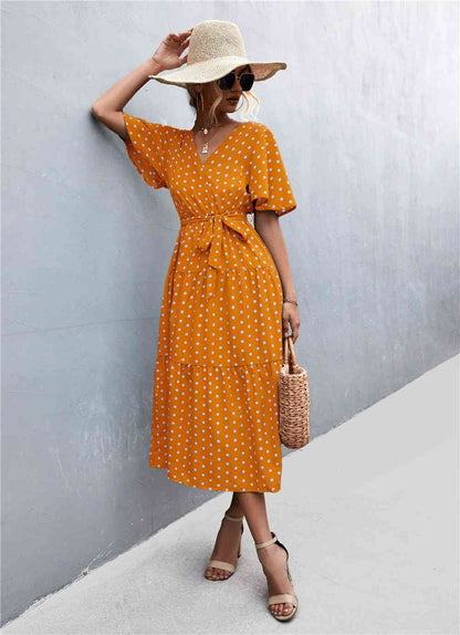 Printed V-Neck Flutter Sleeve Belted Dress - Create the impossible