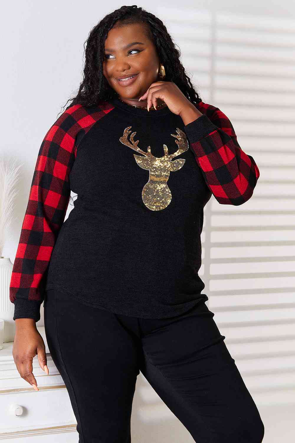 Heimish Full Size Sequin Reindeer Graphic Plaid Top - Create the impossible