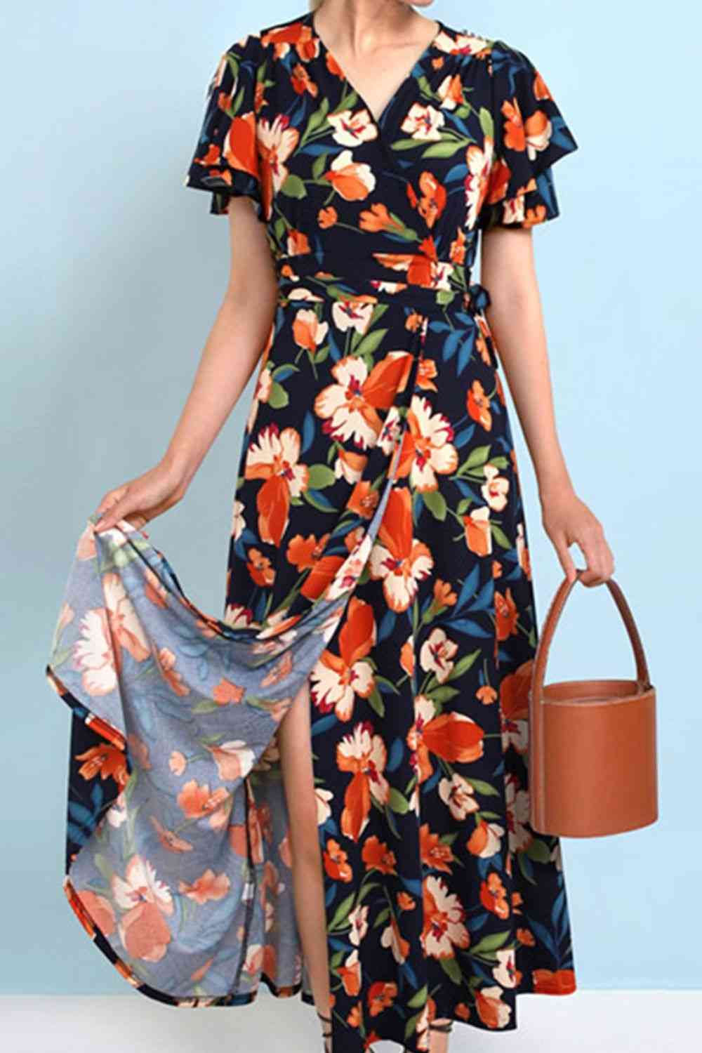 Plus Size Floral Surplice Neck Flutter Sleeve Dress